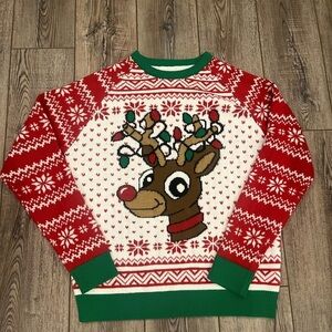 Happy Holidays Reindeer Christmas Sweater XL Red White Green Lights